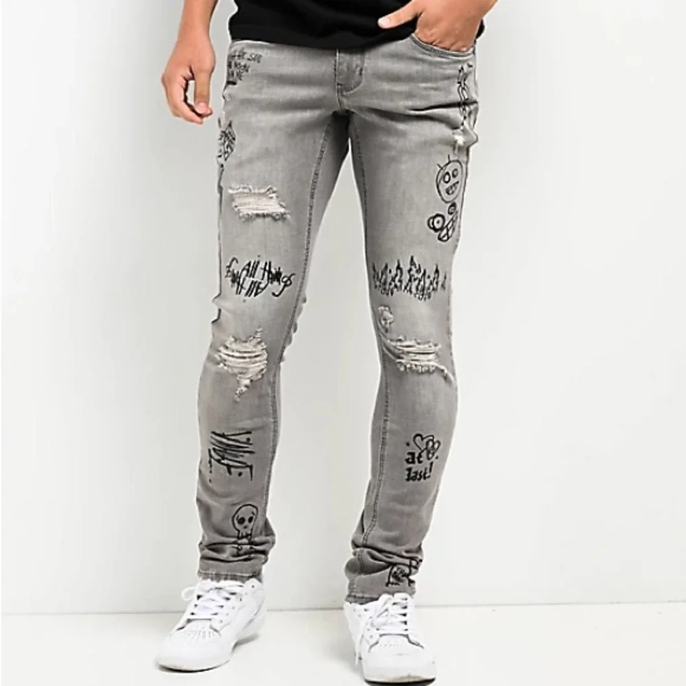 Ninth Hall Rogue Skinny tapered Jeans 32 Gray Distressed Graffiti grunge Punk
